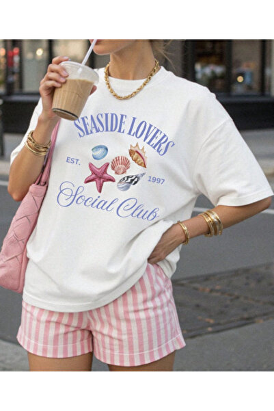 Elvino Yazlık Renkli Baskılı Oversize Pamuklu Bisiklet Yaka Kadın/Erkek Unise...