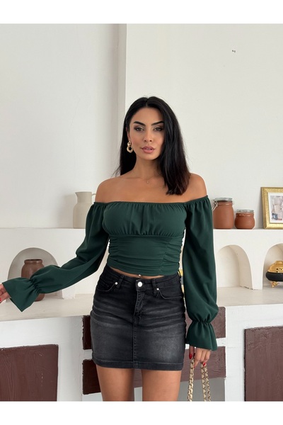 REELMODA ΓΥΝΑΙΚΕΙΑ ΣΜΥΡΟΠΡΑΣΙΝΟ MADONNA ΚΟΛΑΡ ΜΠΑΛΟΝΙ ΜΑΝΙΚΙ STYLISH CRIP BLUZ