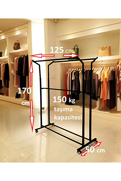 HOMEBELLA Premium 170 cm Çelik Konfeksiyon 125 cm En Elbise Askılık Tekerlekl...