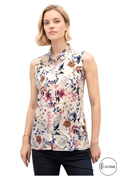 Cassime Kadın Mor Çiçekli Yarasa Kısa Kollu Yazlık Düğmeli Gömlek