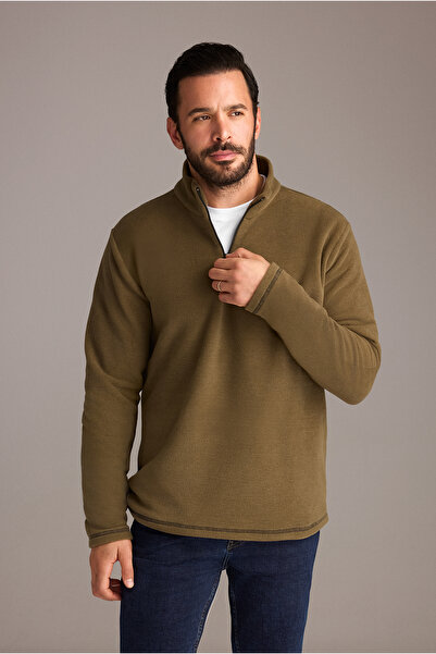 Kiğılı Yarım Fermuarlı Nakışlı Polar Sweatshirt