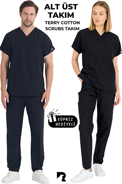 KARGA ÜNİFORMA Siyah Likralı TAKIM Unisex Yarasa Kol Hemşire Ve Doktor Formas...