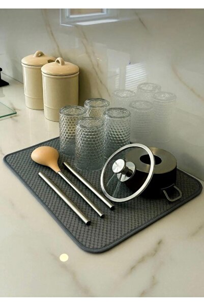 Single Gri Mikrofiber Bulaşık Kurulama Matı Kurutma Örtüsü Tezgah Üstü Süper Emici