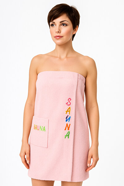 Fronte Home فستان ساونا للشاطئ - رداء حمام وردي مطرز 100% من القطن
