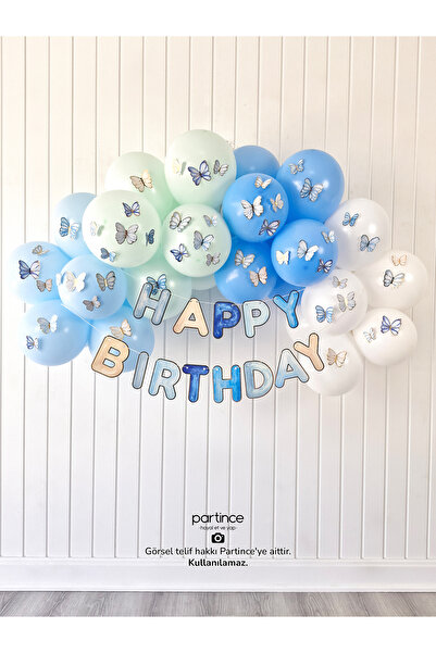 partince Happy Birthday Yazısı Mavi Tema Mini Doğum Günü Balon Zinciri Eko Ki...
