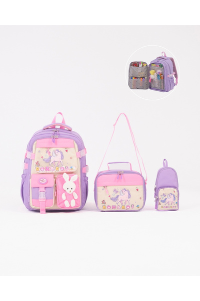 Roxbros Unicorn Korean Style 3-Piece Girls' School Bag Set - Primary School Bag with Pen Holder and Thermal Nutrition