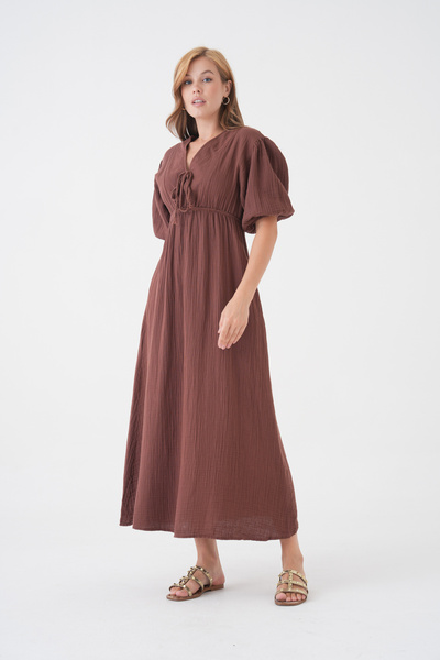 Butik Рокля с къс ръкав, 100% памучен деколте, муселинов плат, еластична талия, детайл от въжета MG-2025