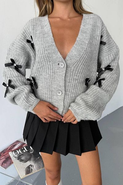 İLKCET MODA Ribbon Detail Oversize Women's Cardigan