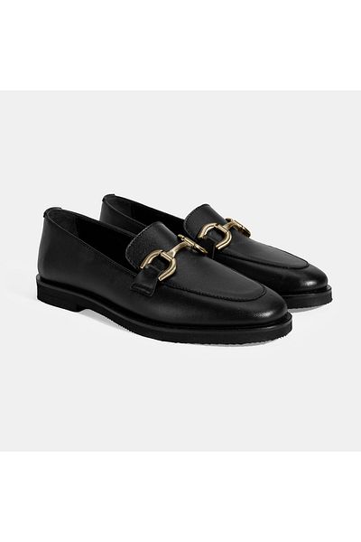Desa Women's Black Leather Loafer with Metal Buckle Accessories