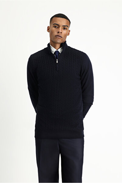 Kiğılı Yarım Balıkçı Yaka Regular Fit Fermuarlı Desenli Pamuklu Triko Kazak