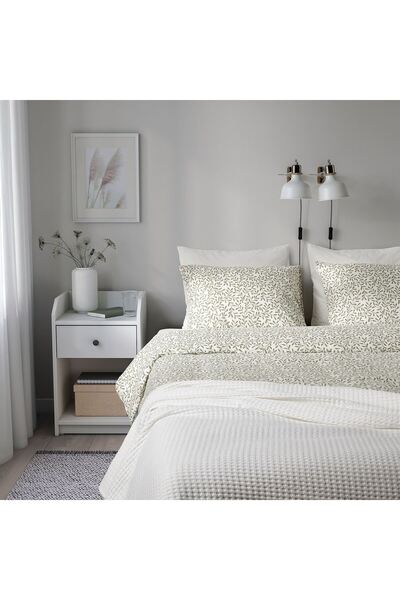 IKEA tek kişilik nevresim seti, beyaz-yeşil, 150x200/50x60 cm