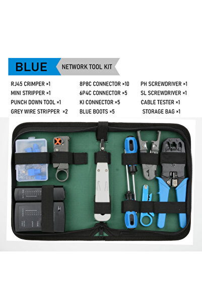 Choice1 مجموعة أدوات إصلاح شبكات الكمبيوتر BLUE RJ45 RJ11 RJ12، وجهاز اختبار كابلات الشبكة المحلية، وقاطع الأسلاك، ومفك البراغي، وزردية