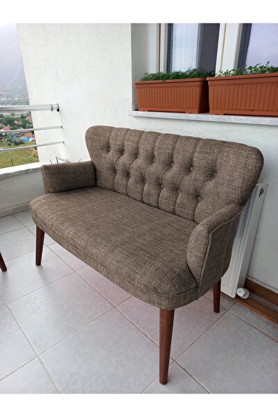 Azra Aksesuar Çay Seti Koltuk Takımı - Keten Kumaş - Ahşap Ayak - Gürgen İskelet - Kahverengi