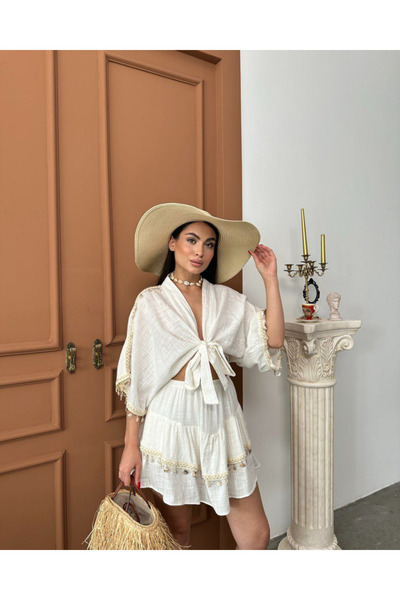 SOFT Seashell and Gold Sequin Embroidered Tie-Up Crop and Skirt Suit