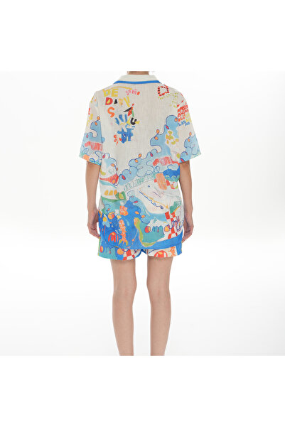 SOFT Summer Theme Printed Linen Shirt Shorts Set 80% Cotton 15% Polyester 5% Elastane