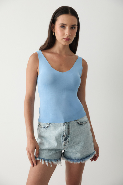 JASTE Tricotaj pentru femei, albastru, fără mâneci, cu bretele groase, cu gât inimă