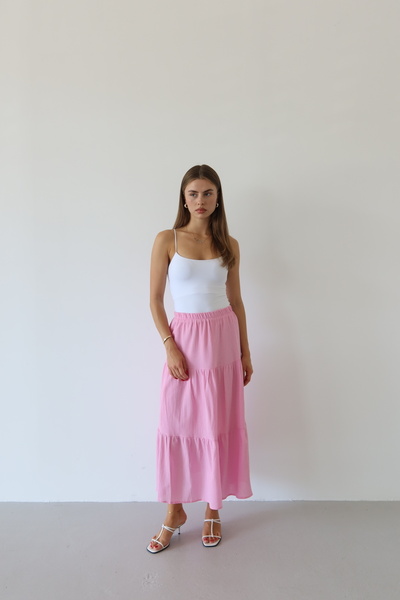JASTE Women's Pink Layered Gathered Elastic Waist Linen Skirt
