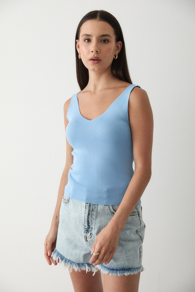 JASTE Tricotaj pentru femei, albastru, fără mâneci, cu bretele groase, cu gât inimă