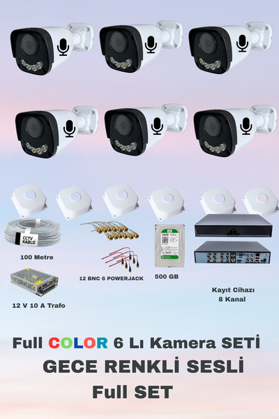 Fabius Gece Renkli Görüşlü Sesli 6 Lı Güvenlik Kamera Seti Kayıt Cihazı 500 G...