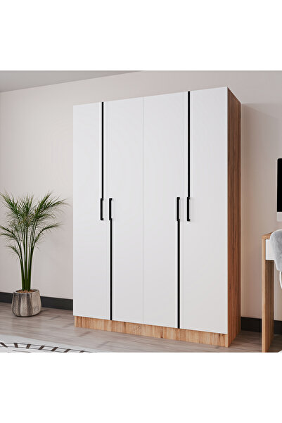 AZZURİ PİYANO 4 Kapaklı Dolap Genç Odası-Çocuk Odası Gardırop Meşe Beyaz