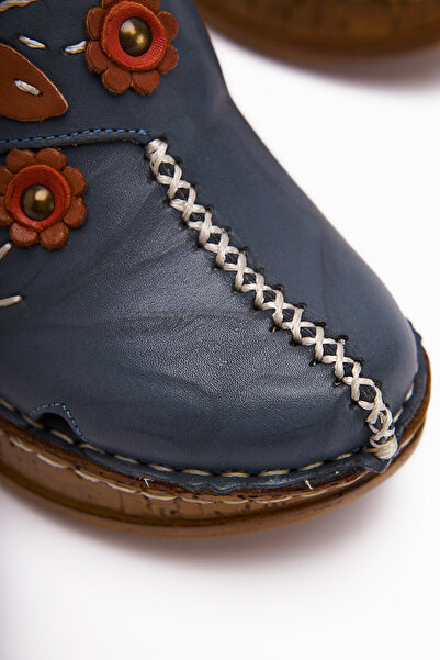 Limoya Genuine Leather Alto Dark Blue Wedge Women's Slippers Antique Sole Comfort Women's Slippers