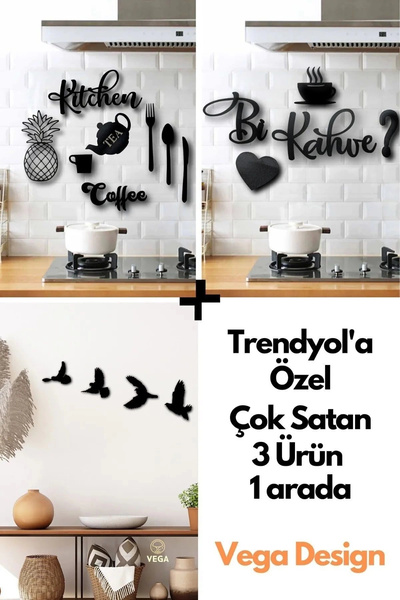 hediyesepetin Kitchen 9 Parça + Bi Kahve + 4lü Kuş Duvar Dekoru 3 Ürün 1 Arad...