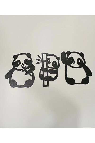 indirimsevinci Panda 3 Lü Ahşap Duvar Dekoru Tablo Siyah