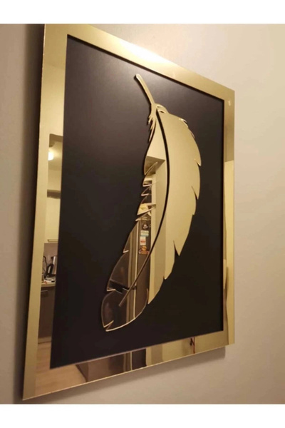 hediyesepetin Gold Pleksi Aynalı Duvar Tablo Dekor Tüy