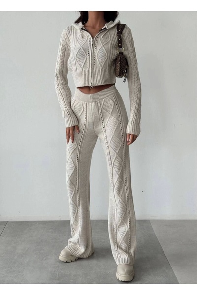 Lusin Dámská pletená souprava na zip s kapucí – Crop Cardigan a kalhoty – Stone S/m