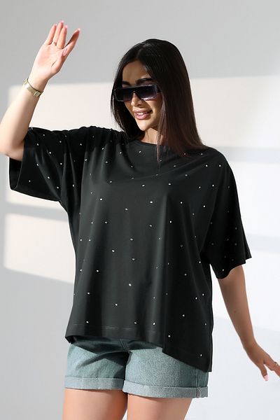 Curly Black Jewelled Boat Neck T-shirt