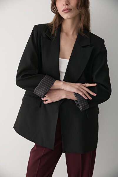 JASTE Kadın Siyah Çizgili İçi Astarlı Kol Detaylı Blazer Ceket