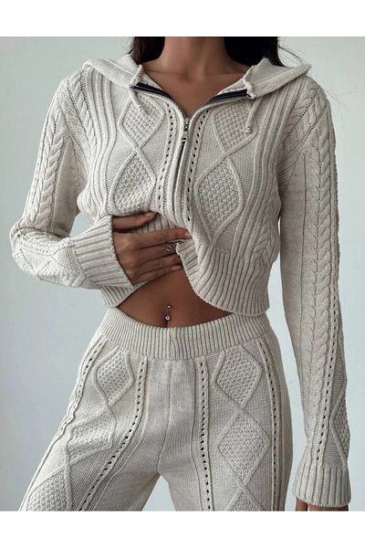 Lusin Dámská pletená souprava na zip s kapucí – Crop Cardigan a kalhoty – Stone S/m