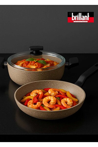 Brillant طقم أواني طهي فاخرة من الجرانيت مكون من 3 قطع 24/24 سم طقم أواني أرز مقاوم للحريق وغير لاصق كريمي