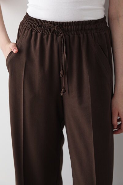 JASTE Women's Bitter Brown Elastic Waist Wide Leg Pants Palazzo Pants