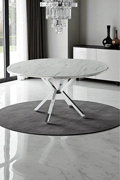 fursimo Arhor Serisi 160x120 Açılabilir Lak Panel Beyaz Mermer Desen Yuvarlak Masa