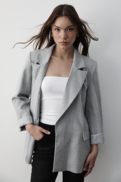 JASTE Women's Gray Striped Lined Sleeve Detailed Blazer Jacket