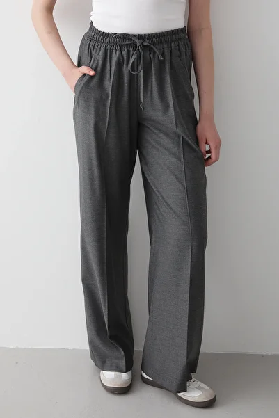 JASTE Women's Anthracite Elastic Waist Wide Leg Palazzo Trousers