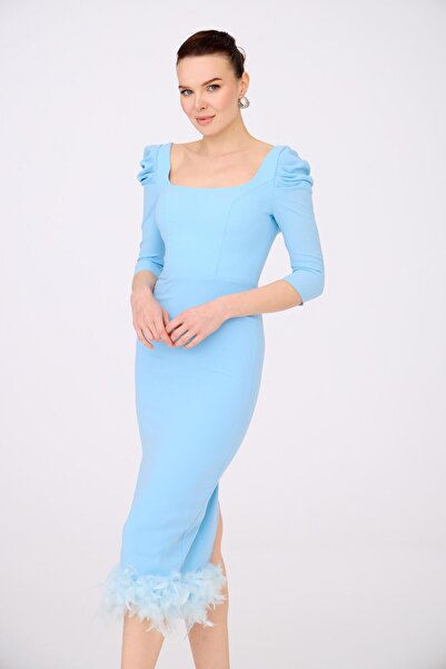 Carmen Mavi Krep Eteği Tüylü Midi Söz Elbisesi