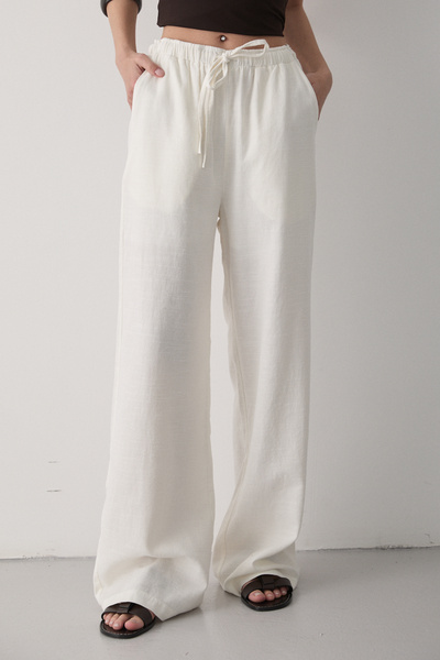 JASTE Kadın Ekru Içi Astarlı Beli Lastikli Bol Paça Palazzo Keten Pantolon