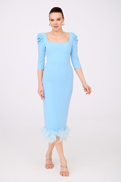 Carmen Mavi Krep Eteği Tüylü Midi Söz Elbisesi