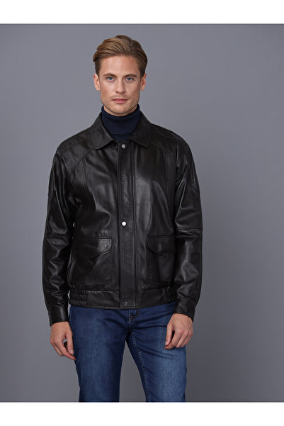 Basics&More سترة جلدية بنية للرجال