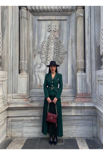 Diemmood Green Belted Blazer Jacket and Pleated Skirt Set