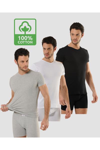 Hmd 100% Cotton Men's V-Neck T-Shirt 3 Pack – Black, White, Gray