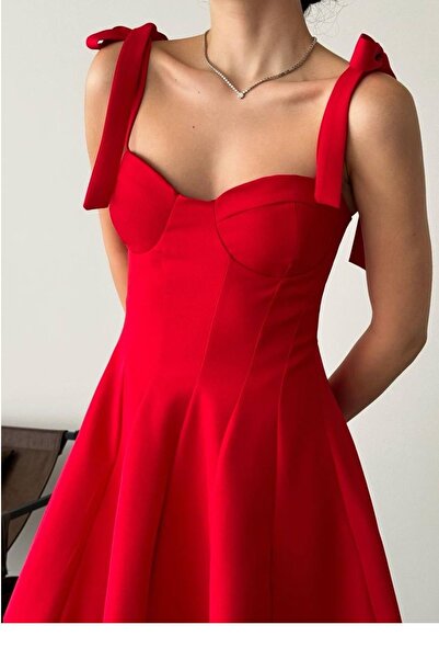bayansepeti Red Atlas Fabric Chest Padding Lined Straps Lacing Design Flared Mini Dress 091