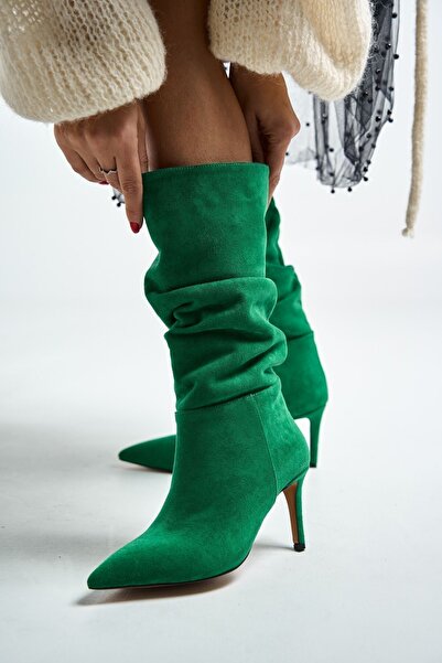 Bestyle Μοντέρνες γυναικείες μπότες με πράσινο σουέντ με τακούνι