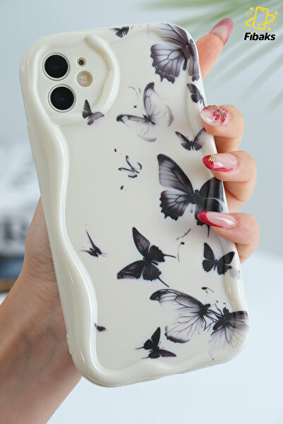 Fibaks Apple iPhone 11 Kılıf Kamera Korumalı Silikon Siyah Kelebek Desenli Dalga Kenarlı Kapak