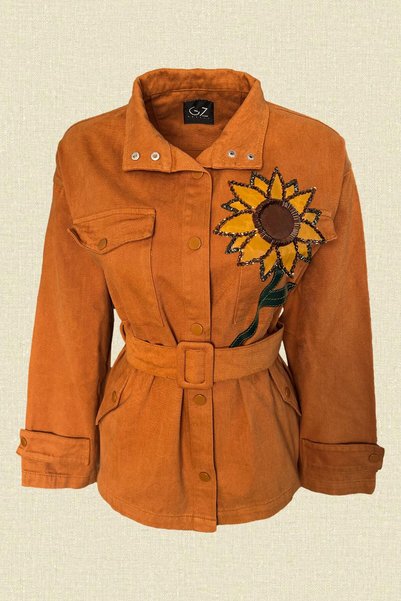 GZ Design Black Tile Jeans Jacket with Bead Embroidered Sunflower Figures on Leather