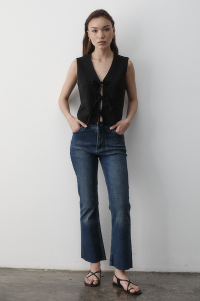 JASTE Women's Black Tie-Up Linen Vest