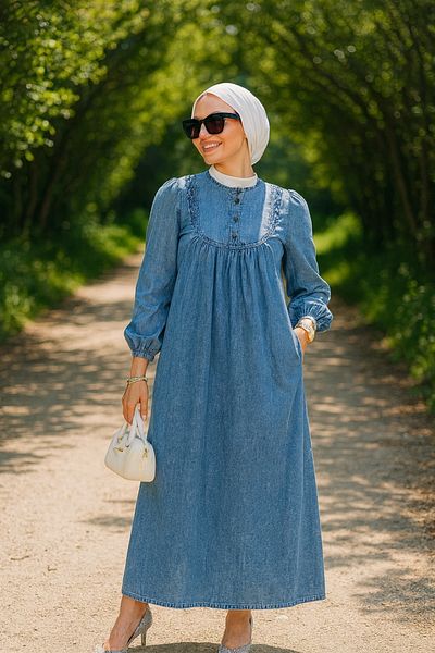 Neva Style Blue Hijab Denim Dress with Pocket Detail 19141m