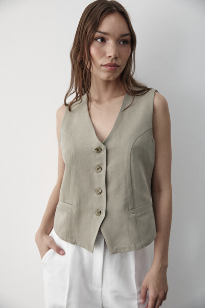 JASTE Women's Khaki Lined Button Detailed Linen Vest
